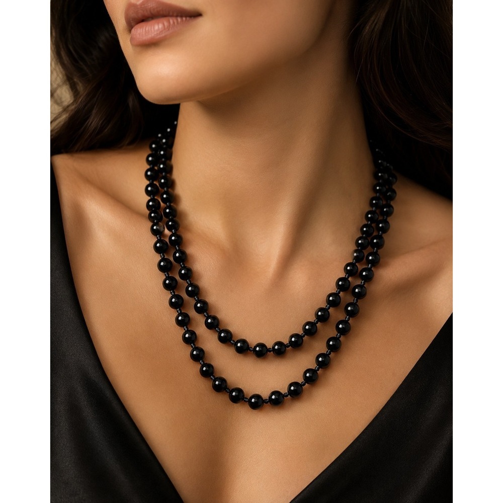 Long Black Stone Bead Necklace Single Strand 48 Inches Heavy 140g Onyx